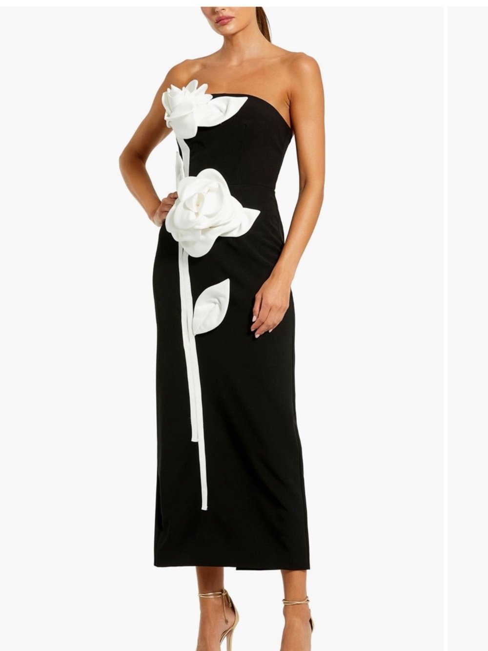 Mac Duggal Black Strapless Midi Dress with White Floral Appliqué